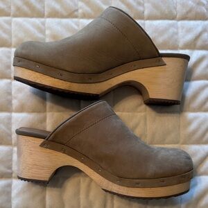 LOFT Taupe Suede Clog Mules with Wood Heel